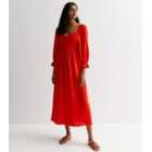 Red Long Sleeve Shirred Midaxi Dress