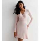 Pale Pink Jersey Long Sleeve Wrap Mini Dress