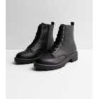 Wide Fit Black Leather-Look Contrast Stitch Lace Up Biker Boots