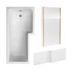 Square L Shape Shower Bath Bundle with Right Hand Tub, Fixed Screen & Return & Front Panel - 1700mm - Brushed Brass - Balterley