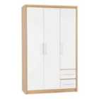 Seconique Seville 3 Door 2 Drawer Wardrobe - White Gloss/Light Oak Effect Veneer