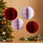 Pack of 4 Red White Round Paper Hanging Decorations
