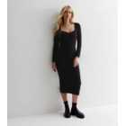 Black Ribbed Ruched Front Midaxi Dress