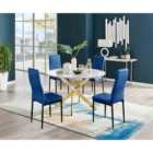Furniture Box Novara White Marble Gold Leg 120Cm Round Dining Table and 4 Navy Velvet Milan Black Leg Chairs