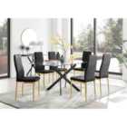 Furniture Box Leonardo Black Leg Glass Dining Table and 6 Black Velvet Milan Gold Leg Chairs