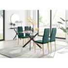 Furniture Box Leonardo Black Leg Glass Dining Table and 4 Green Velvet Milan Gold Leg Chairs