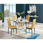 Furniture Box Novara White Marble Gold Leg Round Dining Table and 4 Mustard Velvet Milan Black Leg Chairs