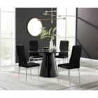 Furniture Box Palma Black High Gloss Round Dining Table and 4 Black Velvet Milan Chairs