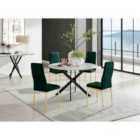 Furniture Box Novara White Marble Black Leg 120Cm Round Dining Table and 4 Green Velvet Milan Gold Leg Chairs