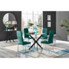 Furniture Box Novara Black Leg Round Glass Dining Table and 4 Green Velvet Milan Chairs