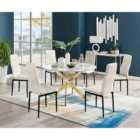 Furniture Box Novara White Marble Gold Leg 120Cm Round Dining Table and 6 Cream Velvet Milan Black Leg Chairs