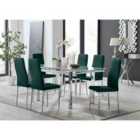 Furniture Box Enna White Glass Extending Dining Table and 6 Green Velvet Milan Chairs