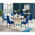 Furniture Box Novara White Marble Gold Leg 120Cm Round Dining Table and 6 Navy Velvet Milan Black Leg Chairs