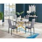 Furniture Box Novara White Marble Gold Leg 120Cm Round Dining Table and 4 Grey Velvet Milan Black Leg Chairs