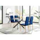 Furniture Box Leonardo Black Leg Glass Dining Table and 4 Navy Velvet Milan Gold Leg Chairs
