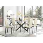 Furniture Box Leonardo Black Leg Glass Dining Table and 6 Cream Velvet Milan Black Leg Chairs