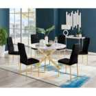 Furniture Box Novara White Marble Gold Leg 120Cm Round Dining Table and 6 Black Velvet Milan Gold Leg Chairs