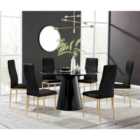Furniture Box Palma Black High Gloss Round Dining Table and 6 Black Velvet Milan Gold Leg Chairs