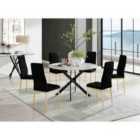 Furniture Box Novara White Marble Black Leg 120Cm Round Dining Table and 6 Black Velvet Milan Gold Leg Chairs
