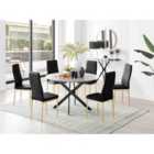 Furniture Box Novara Grey Concrete Effect Black Leg 120Cm Round Dining Table and 6 Black Velvet Milan Gold Leg Chairs