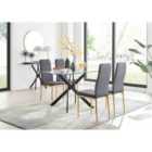 Furniture Box Leonardo Black Leg Glass Dining Table and 4 Grey Velvet Milan Gold Leg Chairs