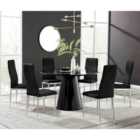 Furniture Box Palma Black High Gloss Round Dining Table and 6 Black Velvet Milan Chairs