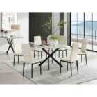 Furniture Box Novara White Marble Black Leg 120Cm Round Dining Table and 6 Cream Velvet Milan Black Leg Chairs