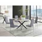 Furniture Box Novara White Marble Black Leg 120Cm Round Dining Table and 6 Grey Velvet Milan Chairs