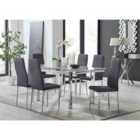 Furniture Box Enna White Glass Extending Dining Table and 6 Grey Velvet Milan Chairs