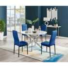 Furniture Box Novara White Marble 120Cm Round Dining Table and 4 Navy Velvet Milan Black Leg Chairs
