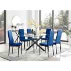 Furniture Box Leonardo Black Leg Glass Dining Table and 6 Navy Velvet Milan Black Leg Chairs
