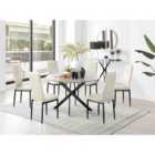 Furniture Box Novara Grey Concrete Effect Black Leg 120Cm Round Dining Table and 6 Cream Velvet Milan Black Leg Chairs