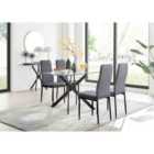 Furniture Box Leonardo Black Leg Glass Dining Table and 4 Grey Velvet Milan Black Leg Chairs