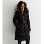Tall Black Faux Fur Trim Hooded Belted Puffer Jacket