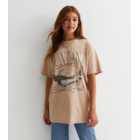 Girls Camel Cotton Montana Oversized Long Logo T-Shirt