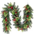 2m Lit Christmas Tree Garland Green Pre Berries and Pine Cones Two Colours Mixed Tips