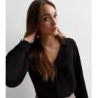 Black Textured Collared Long Sleeve Blouse