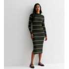 Dark Green Stripe Ribbed Split Hem Long Sleeve Midi Dress