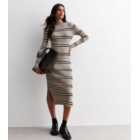Brown Stripe Ribbed Split Hem Long Sleeve Midi Dress