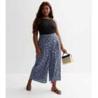 Curves Blue Ditsy Floral Wide Leg Crop Trousers