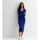 Blue Ribbed Knit Button Front Midi Dress