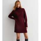 Burgundy Knit Roll Neck Long Sleeve Mini Dress