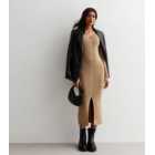 Camel Ribbed Knit Button Front Midaxi Dress