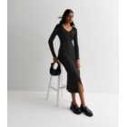 Black Ribbed Knit Button Front Midaxi Dress