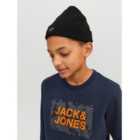 Jack & Jones Junior Black Ribbed Knit Logo Tab Beanie