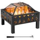 Outsunny Metal Square Fire Pit with Poker and Mesh Lid