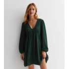 Dark Green Textured Jersey Long Sleeve Mini Smock Dress