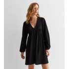 Black Textured Jersey Long Sleeve Mini Smock Dress