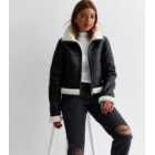 Girls Black Leather-Look Faux Fur Trim Aviator Jacket