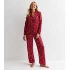 Red Satin Trouser Pyjama Set with Heart Print